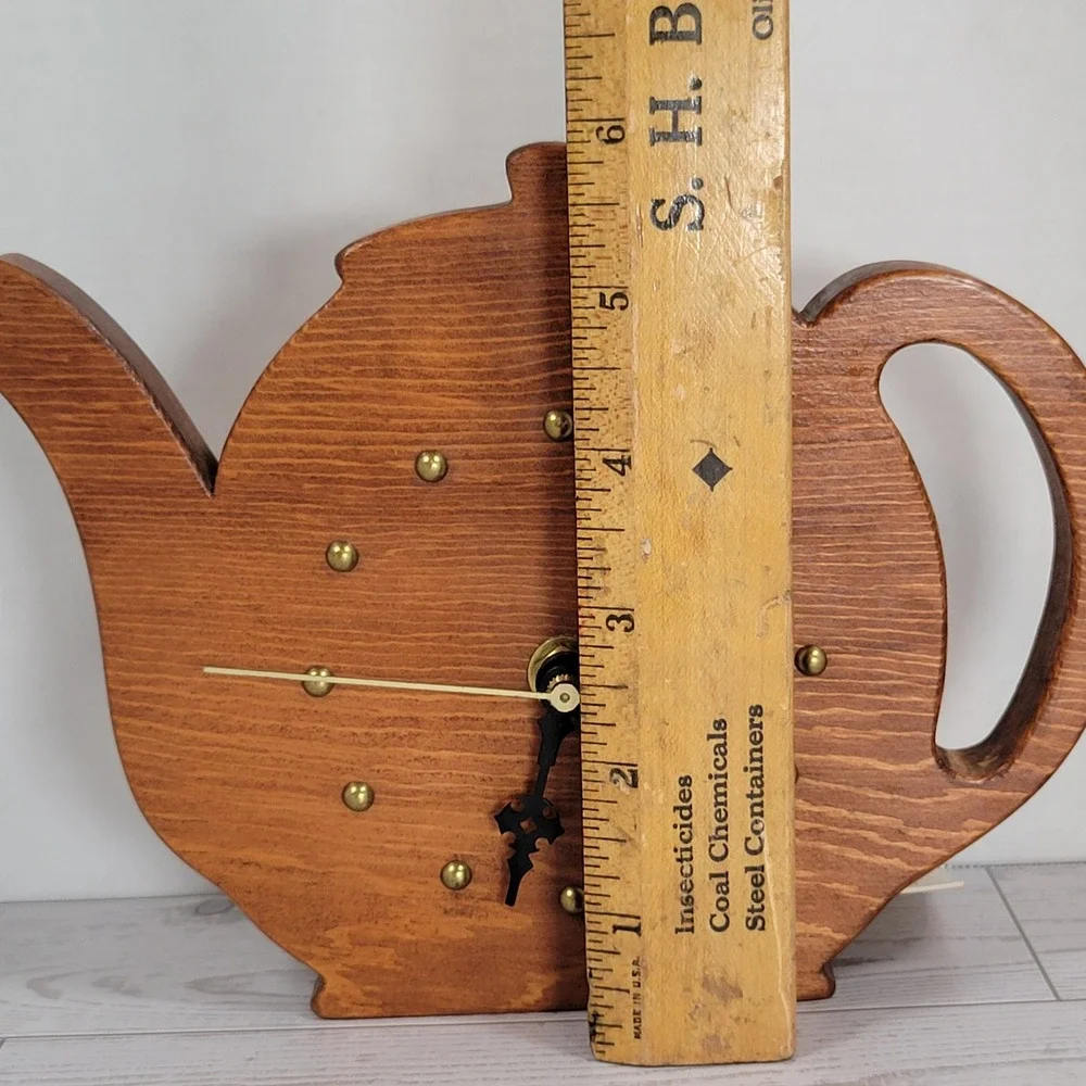 Teapot Wall Clock Wood Handcrafted NEW Decor-Time Vintage Brown Kitchen Battery
